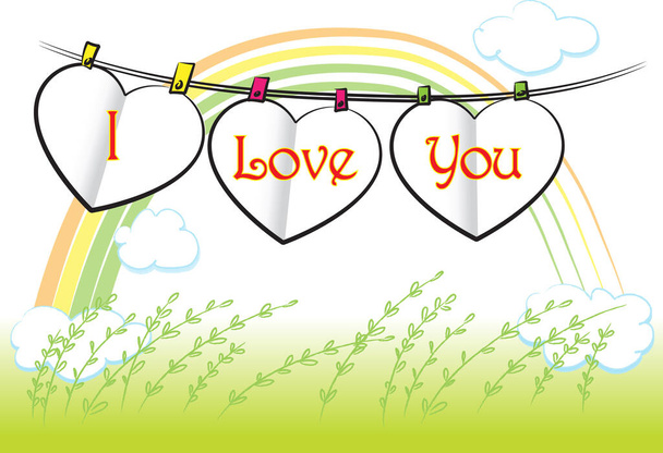 hearts hanging on clothesline in yard, love concept  - Вектор, зображення