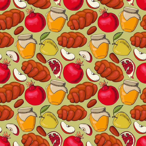 Jewish New Year. Colorful seamless pattern with symbols of Rosh Hashanah. Endless texture for your design. - Vettoriali, immagini