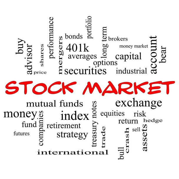 χρηματιστηριακή αγορά έννοια σύννεφο λέξη σε κόκκινο καλύμματα - Φωτογραφία, εικόνα