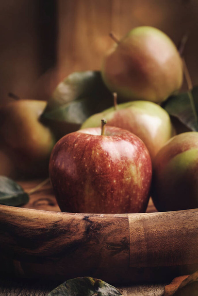 Red green autumn apples harvest on vintage wooden background - Φωτογραφία, εικόνα