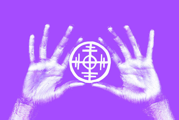 New age modern magic, occult symbol for your ritual. Wheel of Fortune in hands.Pop art style in neon bold colors. For posters, banners, wallpapers.  - Photo, Image