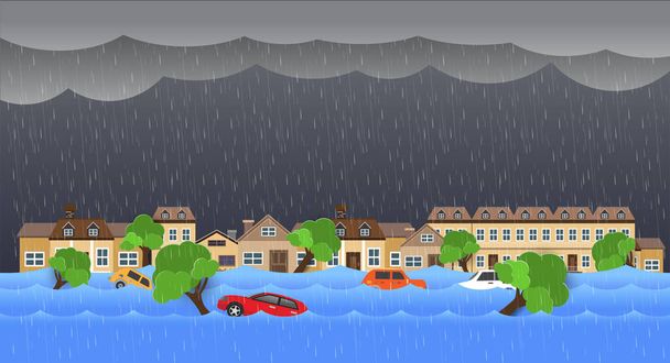 Inundación desastre natural con casa, fuertes lluvias y tormentas, daños con el hogar, nubes y lluvia - Vector, imagen