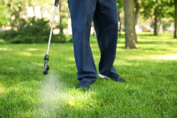 Worker spraying pesticide onto green lawn outdoors, closeup. Pest control - Photo, Image