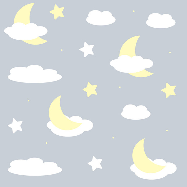 Niedliche Wolken, Mond und Sterne mit Gesichtern. Cartoon wiederholen nahtlose Muster für Kinder oder Baby-Dusche. Vektorillustration auf pastellfarbenem Hintergrund. Das Beste für Kinder, Mädchen oder Jungen. - Vektor, Bild