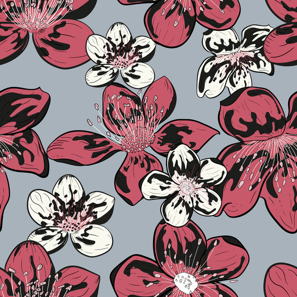 Patrón floral sin costuras sobre fondo gris. Flores de flor de cerezo en arreglo irregular. Ilustración vectorial. Sakura o cereza japonesa floreciente simbólica de la primavera. Rojo y blanco. Tejido, textil - Vector, imagen