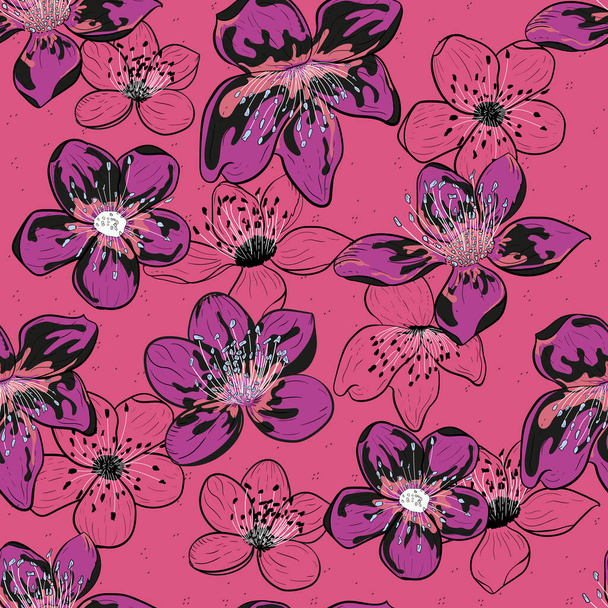 Kézzel rajzolt cseresznyevirág modern pasztell rózsaszín háttérrel. Zökkenőmentes vektor illusztrációja virágos koncepció. Sakura cseresznyevirág. Virágzik a tavaszi virág. Textil, szövet háttér. Nyomtatható minta. - Vektor, kép