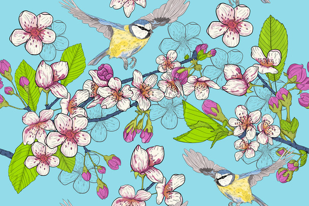 Seamless vector pattern with blooming flowers and blue titmouse. Colorful fabric, textile swatch. Blooming cherry, twigs and flying tit. Beautiful spring, summer composition. Blue background. - Wektor, obraz