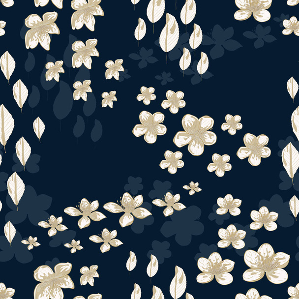 Meadow full of fragrant flowers. Seamless vector illustration. A well-kept garden in golden, yellow and white colors. An interesting arrangement of blooming flowers on a dark background.  - Vector, Image