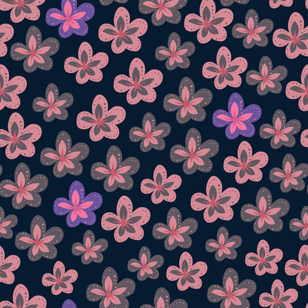 Cute pink flowers arranged on dark navy background. Doodle plants. Vector pattern. Seamless illustration. Fabric swatch. - Διάνυσμα, εικόνα
