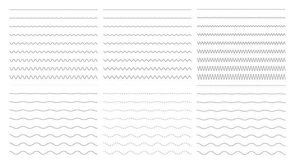 Vector collection of different thin wide and wavy narrow line. Big set of horizontal wavy - curvy and zig zag - criss cross. Graphic design elements - Vector, Image