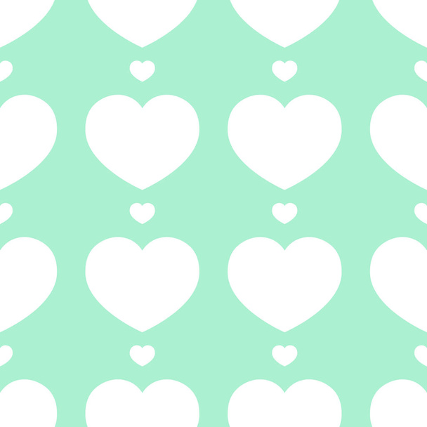 Small and large hearts arranged on neo mint background. White hearts arranged alternately. Endless repeating pattern with love element. Seamless vector illustration on trendy green mint color backdrop - Vector, Image