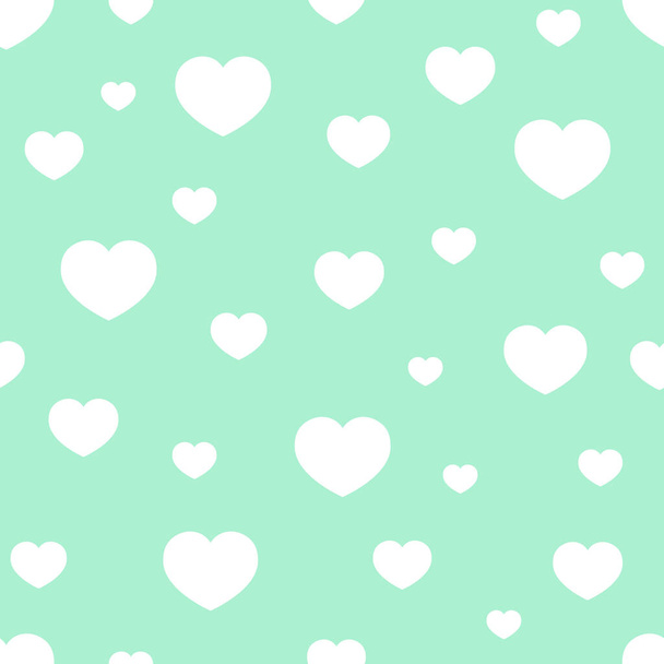 Different-sized white hearts chaotically arranged on a green, neon background. Vector illustration. Seamless pattern. - Vector, Image