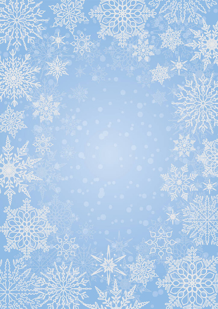 Jasnoniebieska zima, stylizowana rama i tło z płatkami śniegu i gwiazdami. Ilustracja wektorowa, która może być używana podczas wakacji lub na karcie, zaproszeniu lub nowym roku. Latająca granica z elementami śniegu. - Wektor, obraz