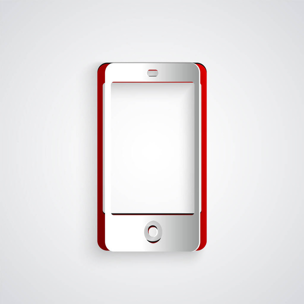 Papiergeschnittenes Smartphone, Handy-Symbol isoliert auf grauem Hintergrund. Papierkunst. Vektorillustration - Vektor, Bild
