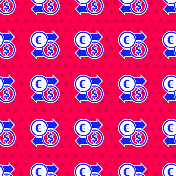 Μπλε εικονίδιο ανταλλαγής χρημάτων απομονωμένη αδιάλειπτη μοτίβο στο κόκκινο φόντο. Ευρώ και δολάριο σύμβολο μεταφοράς μετρητών. Τραπεζικό συνάλλαγμα. Εικονογράφηση διανύσματος - Διάνυσμα, εικόνα