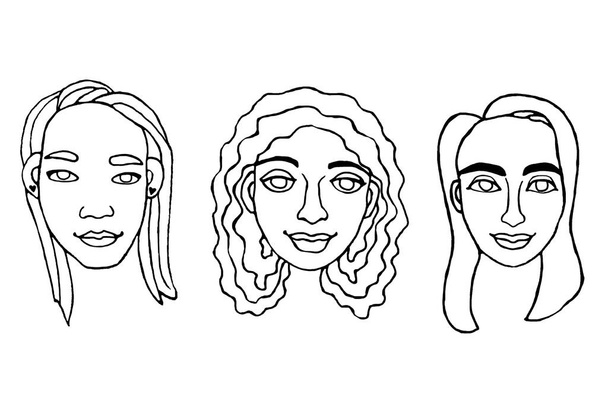Een set van Outline mensen gezichten. Handgetekende hoofden van een man, vrouw, kind, jongen of meisje in de stijl van een Doodle, geïsoleerd op een witte achtergrond. Anders en mooi. - Foto, afbeelding