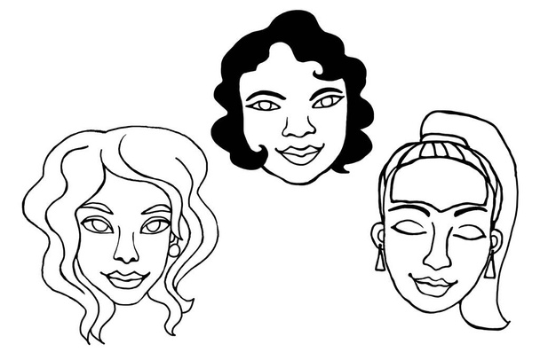 Een set van Outline mensen gezichten. Handgetekende hoofden van een man, vrouw, kind, jongen of meisje in de stijl van een Doodle, geïsoleerd op een witte achtergrond. Anders en mooi. - Foto, afbeelding