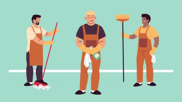 hombres limpieza trabajadores con escobas caracteres - Metraje, vídeo