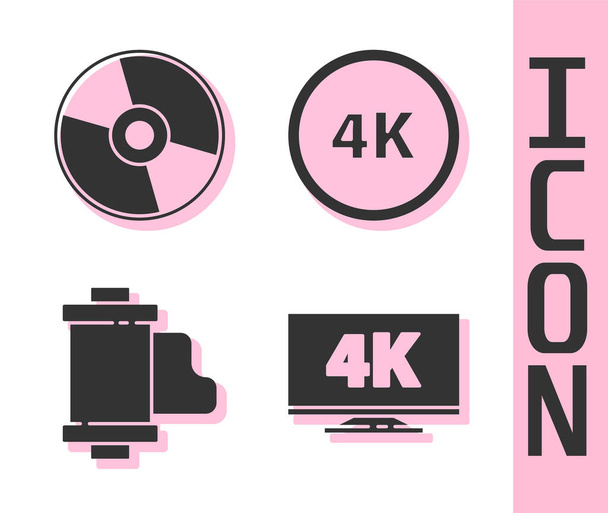 Conjunto de televisión de pantalla con disco 4k, CD o DVD, cámara de película vintage rollo cartucho y 4k Ultra HD icono. Vector - Vector, imagen