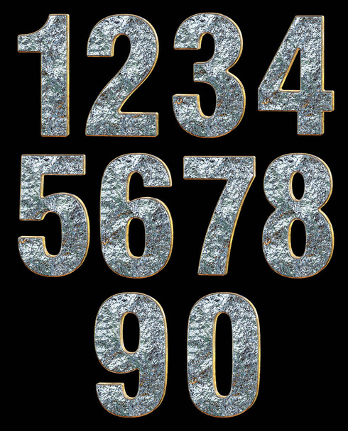 Alfabeto numerico metallico 3D. Serie di numeri 3D 1-0 Illustrazione 3D. - Foto, immagini