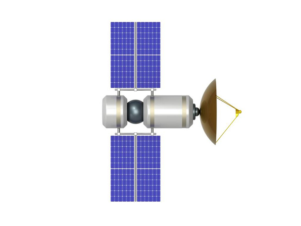 Ruimtecommunicatiesatelliet. Geostationaire satelliet. Moderne satelliet. Satellietverbinding. 3D illustratie. - Foto, afbeelding