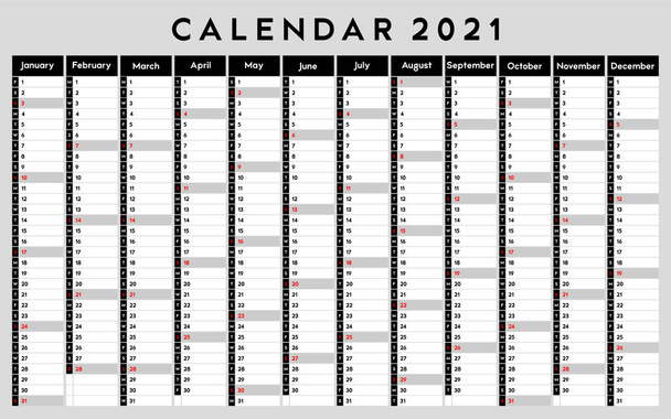 Ημερολόγιο 2021, ημερήσιος διοργανωτής εκδηλώσεων, διανυσματική έγχρωμη απεικόνιση - Διάνυσμα, εικόνα