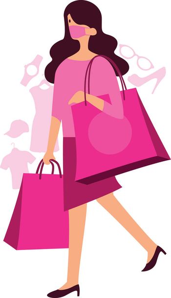 Masked woman walking while holding shopping bags - Photo, Image