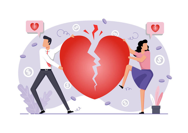 Een illustratie van echtpaar en gebroken hart echtscheiding - Vector, afbeelding