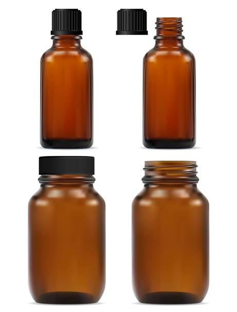Καφέ γυάλινο μπουκαλάκι φαρμακείου. Φαρμακευτικό βάζο μακιγιαρισμένο σχεδιασμό για φυσικό φάρμακο. Διάνυσμα Φλάκον για ιχθυέλαιο και χυμό. Κίτρινο κενό με μαύρο καπάκι για την επιστήμη, φαρμακευτική ή καλλυντική - Διάνυσμα, εικόνα