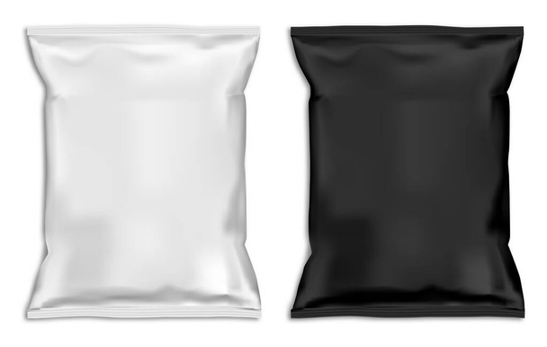 Σακούλα για σνακ. Λευκό μαξιλάρι θήκη καφέ κενό. Πλαστικό σχέδιο πρότυπο φακελάκι τροφίμων για καραμέλα. Διαφήμιση έτοιμο πακέτο ή σακί εικονογράφηση για πατάτα, ζάχαρη ή τσάι. Διαυγές δοχείο - Διάνυσμα, εικόνα