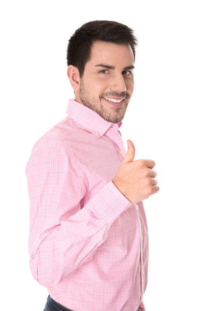 Successful businessman in pink shirt with thumb up. - Foto, Imagen