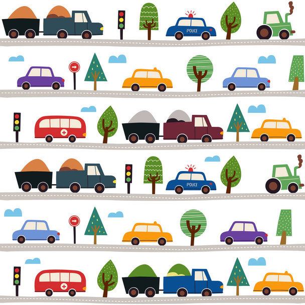 Childish seamless pattern with cityscape with cars. Cute illustrations for children's room design, postcards, prints for clothes. - Вектор, зображення