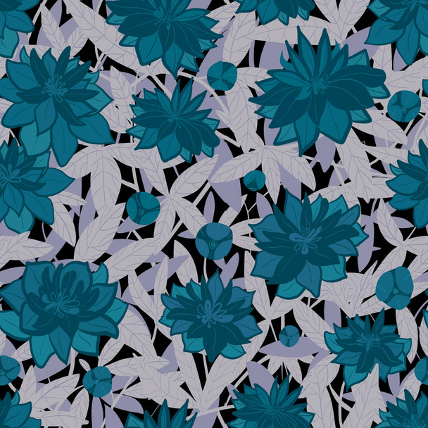 青い花と灰色の銀の葉のシームレスな表面の花の夜のパターン。招待状、カード、テキスタイル、ファブリックと固定のための黒の背景にインディゴの花。手描きデジタルデザイン - 写真・画像