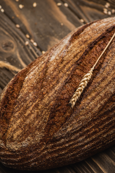 close up view of fresh baked brown bread loaf with spikelet on wooden surface - Photo, Image