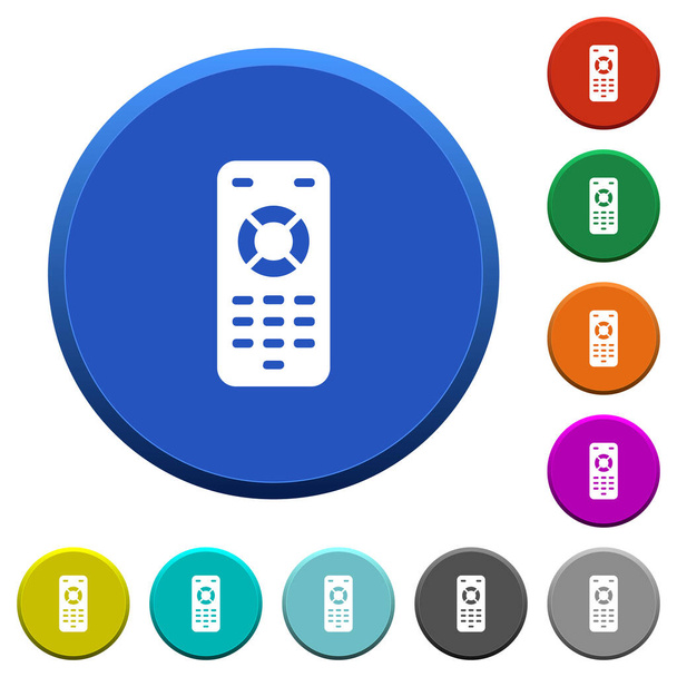 Remote control round color beveled buttons with smooth surfaces and flat white icons - Vector, Image