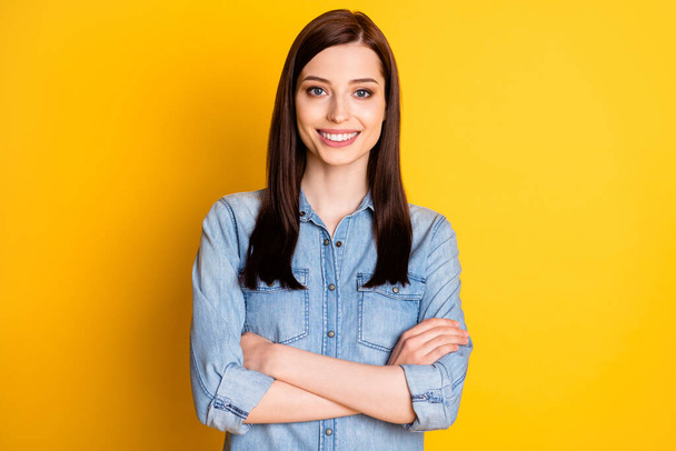 Portrait of content attractive cute pretty girl cross hands ready decide decision solution wear good look clothes isolated over vibrant color background - Φωτογραφία, εικόνα