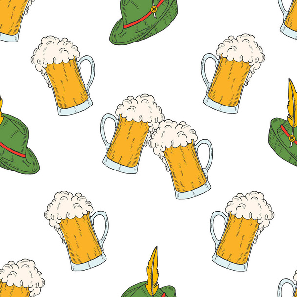 ビールの色のアイコンガラスとオクトーバーフェストシームレスパターン、スケッチスタイルで帽子。ビール祭りだ。メニュー、広告、バナーのデザイン。壁紙やテクスチャ. - ベクター画像