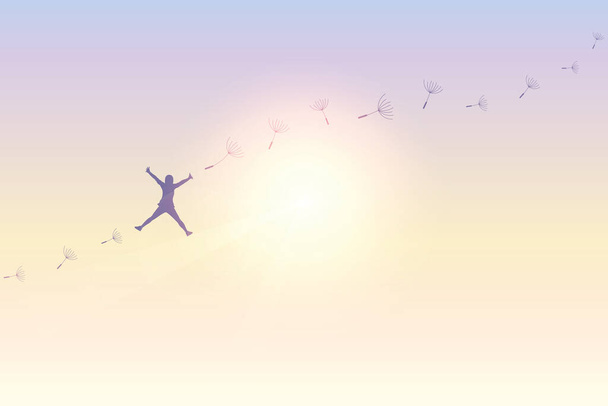 Güneşli gökyüzünde karahindiba tohumlarıyla zıplayan kız - Vektör, Görsel
