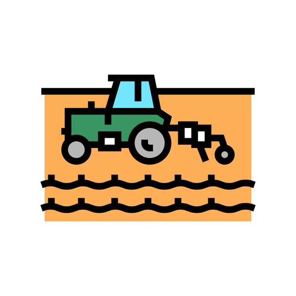 ciągnik pracuje nad wektorem ikony koloru pola. traktor pracuje nad znakiem polowym. odosobniony symbol ilustracji - Wektor, obraz