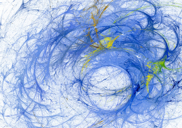Μπλε δίνες με κίτρινες πιτσιλιές κινούνται γύρω από έναν κύκλο σε λευκό φόντο. 3d απόδοση. 3d εικόνα. Αφηρημένο fractal φόντο. - Φωτογραφία, εικόνα