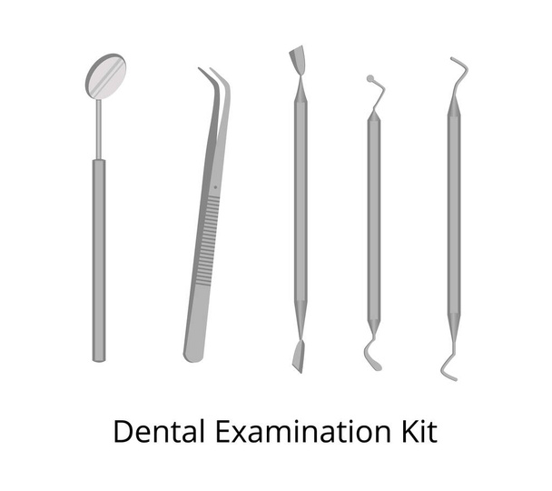 Dişçilere diş muayenesi seti. Ayna, twizzer, kaşif, çıkarıcı, spatula, pullayıcı dahil. Paslanmaz çelik. EPS10 izole edildi - Vektör, Görsel