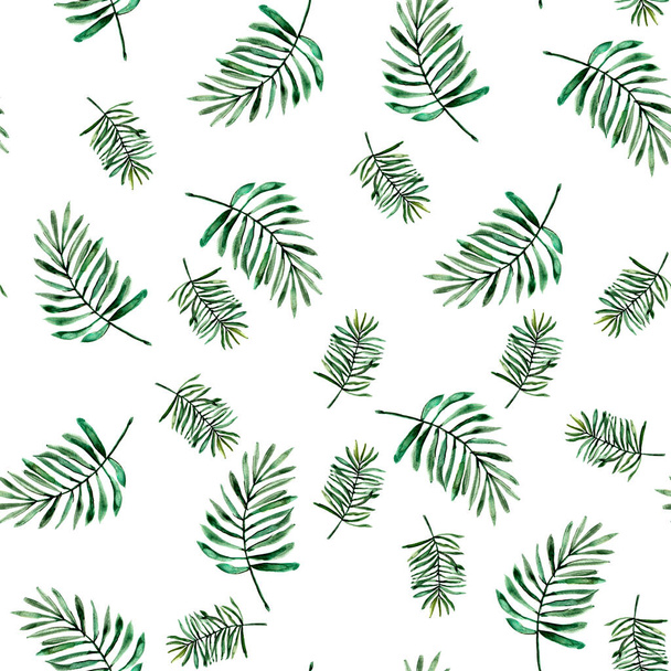 Watercolor seamless pattern with tropical leaves on a white background. summer patern. Template - Фото, изображение