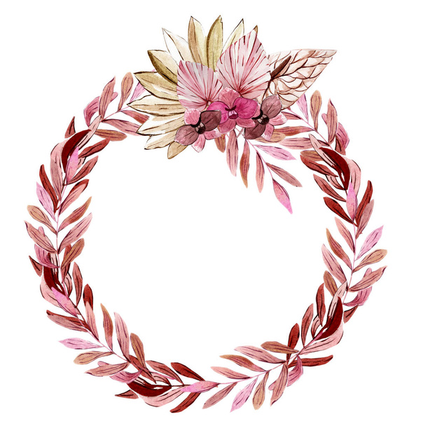 Watercolor wreath of tropical boho leaves on white background - Fotografie, Obrázek