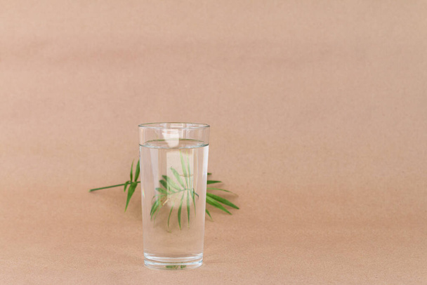 art picture of palm leaf behind water glass, creative reflections beige background - Fotó, kép