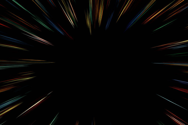 Bokeh multi gekleurde lijnen op zwarte achtergrond. abstractie. Snelheid licht beweging wazig textuur. Sterrendeeltjes of ruimtereizen - Foto, afbeelding