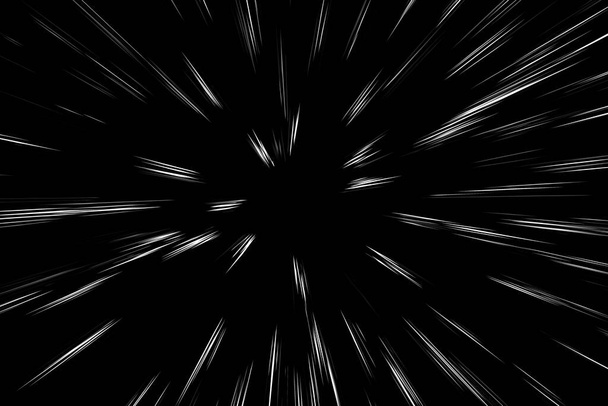 Bokeh witte lijnen op een zwarte achtergrond. Abstracte flitslicht snelheid beweging wazige textuur. Sterdeeltjes- of ruimtevaart - Foto, afbeelding