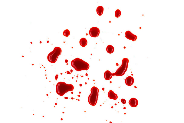 Sangre roja salpicada sobre fondo blanco, textura - Foto, Imagen