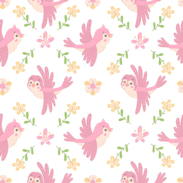 Naadloos patroon met roze vogels en bloemen. Vectorillustratie. - Vector, afbeelding