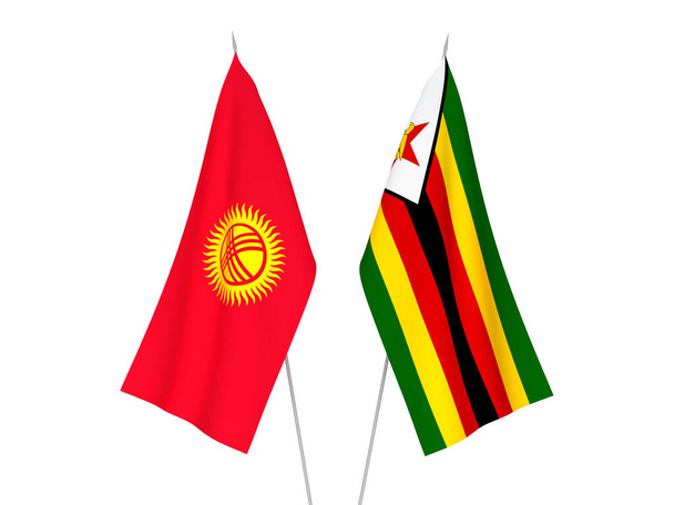 Banderas nacionales de tela de Kirguistán y Zimbabwe aisladas sobre fondo blanco. Ilustración de representación 3d. - Foto, Imagen