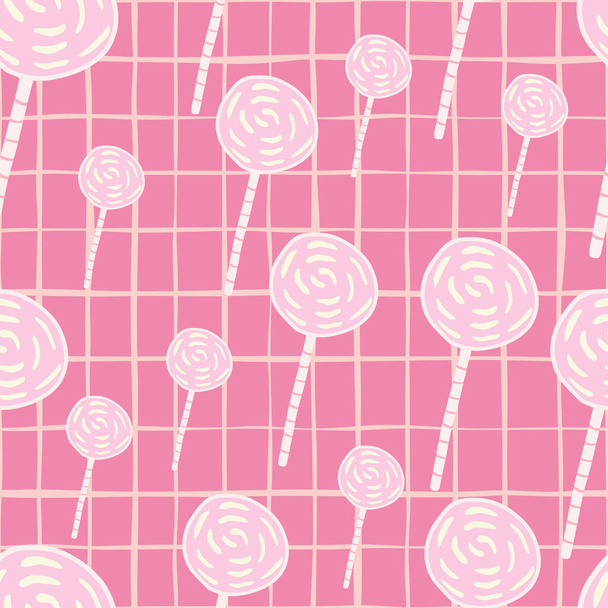 Zufällige Süßigkeiten Silhouetten nahtlose Muster. Einfache Kritzelelemente auf leuchtend rosa kariertem Hintergrund. Perfekt für Tapeten, Textilien, Packpapier, Stoffdruck. Vektorillustration. - Vektor, Bild